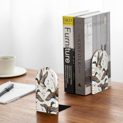 Wood Bookends for Shelves, Mallard Ducks Decorative Non-Slip Book Holder/Stands/Stopper for Office Home Decor, Aesthetic Book Ends, Desk Organizers, Book Dividers
