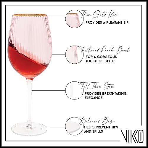 Vikko Décor Wine Glasses, Set of 2 Peach Blown Glass with Gold Rim, 14 Ounce Fancy Wine Glasses With Stem for Red and White Wine, Dishwasher Safe Goblets, Decorative Wine Glasses