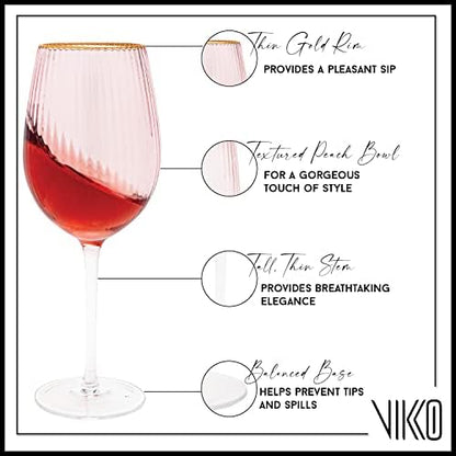 Vikko Décor Wine Glasses, Set of 2 Peach Blown Glass with Gold Rim, 14 Ounce Fancy Wine Glasses With Stem for Red and White Wine, Dishwasher Safe Goblets, Decorative Wine Glasses