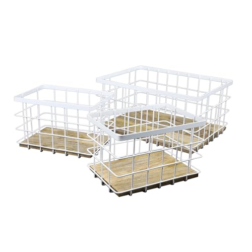 happimess Evvie 3-Piece Wire Metal Wood Nesting Baskets 15", White/Natural | Handmade Mango Wood Base, Vintage Farmhouse Industrial Style, Open Mesh Bin For Shelves Pantry Countertop, Mild Steel - color: White/Natural