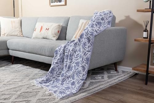 Flower Organic Cotton Turkish Throw Blanket, Muslin - Navy | Thin, Soft, Lightweight, Breathable Gauze Weave, Blue and White Reversible Floral Print, for Sofa, Chair, Couch, 65" x 65" - color: Navy Whimsy
