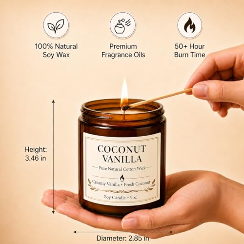 Coconut Vanilla Candle - 9oz Scented Candle, Natural Soy Candles for Home | Creamy Vanilla & Fresh Coconut Scent. 9 oz Soy-Coconut Wax Candle for Bedrooms, Baths, Reading & Spa. A Cozy Gift for Women - color: 1 Pack Coconut Vanilla Candle