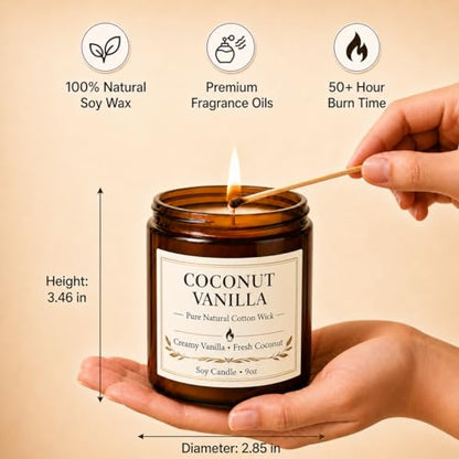 Coconut Vanilla Candle - 9oz Scented Candle, Natural Soy Candles for Home | Creamy Vanilla & Fresh Coconut Scent. 9 oz Soy-Coconut Wax Candle for Bedrooms, Baths, Reading & Spa. A Cozy Gift for Women - color: 1 Pack Coconut Vanilla Candle