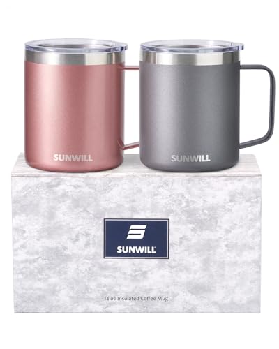 SUNWILL Travel Coffee Mug with Lid, Insulated Tumbler with Handle, 14 oz Stainless Steel Cup Set of 2 for Camping, Outdoor, Cool Grey & Rose Gold 2 Pack - color: Cool Grey & Rose Gold