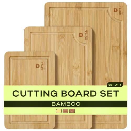 ROYAL CRAFT WOOD Wooden Cutting Boards for Kitchen Meal Prep & Serving - Bamboo Wood Serving Board Set with Deep Juice Groove Side Handles - Charcuterie & Chopping Butcher Block for Meat - color: Natural, size: 3-Piece
