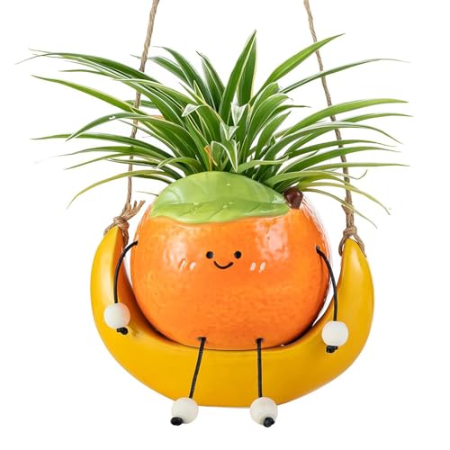 Cute Orange Hanging Planter: Ceramic Swing Flower Pot with Drainage | 3.2 Inch Large Opening with Plug; Smiley Face; for Succulents, Herbs and Indoor or Outdoor Plants - color: Orange-orange