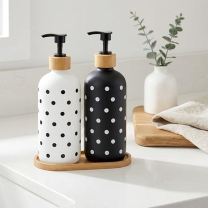 Whaline Dot Soap Dispenser Set Glass Soap Dispenser with Pump and Wooden Tray Refillable Liquid Container for Hands Dishes Party Home Kitchen Bathroom Decor (Black & White)