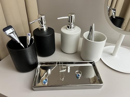 Bathroom Soap Dispenser Set with Tray 3-Piece Countertop Organizer （Black） | Countertop Organizer, With Tray, Pump Dispenser and Cup Black patterned ceramic products - color: Black Texture