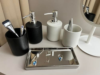 Bathroom Soap Dispenser Set with Tray 3-Piece Countertop Organizer （Black） | Countertop Organizer, With Tray, Pump Dispenser and Cup Black patterned ceramic products - color: Black Texture