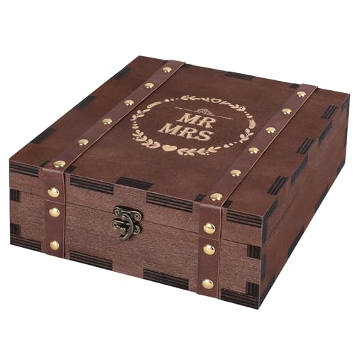 MACEVIA Wedding Keepsake Box with Mr & Mrs, Anniversary Wooden Memory Box for Couples, True Love Story Never End - Engraved Bridal Shower Gift, Vintage Decorative Storage Boxes (7.85x7.85x2.95) - color: 02 Wedding