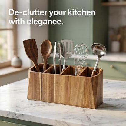 Extra Large Kitchen Utensil Holder for Countertop – Acacia Wood Utensil Holder with 4 Compartments, Beveled Edges, Non-Slip Pads & Drain Hole – Rustic Farmhouse Kitchen Countertop Storage Caddy - size: 4 Compartment
