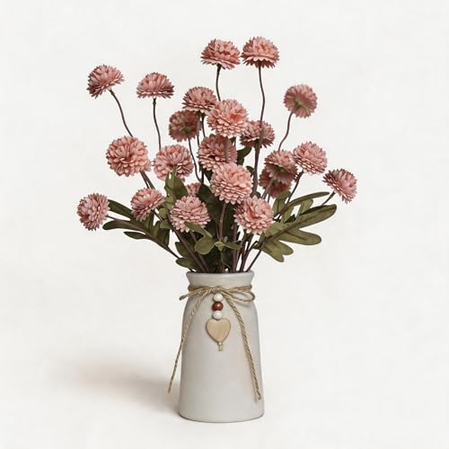 Artificial Chrysanthemum Flower Arrangement in Rustic Ceramic Vase with Heart Charm, 25 Heads Faux Pompon Mum Bouquet, 15'' Farmhouse Table Centerpiece for Dining Table, Home Décor, Brown - color: Brown