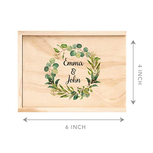 Koyal Wholesale Custom Eucalyptus Wreath Couple Names Wedding Keepsake Box, 4 x 6 -inch, Natural Wood - color: Eucalyptus Wreath