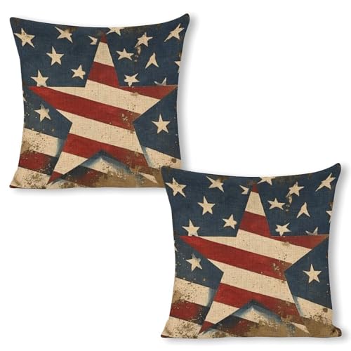 July 4 American Star Throw Pillow Covers Linen Pillow Cases 18x18 Inch Square Cushion Pillowscover Modern Farmhouse Decor Set of 2 for Sofa Bedroom Living Room Car - color: July 4 American Star, size: 18" x 18" (Pack of 2)