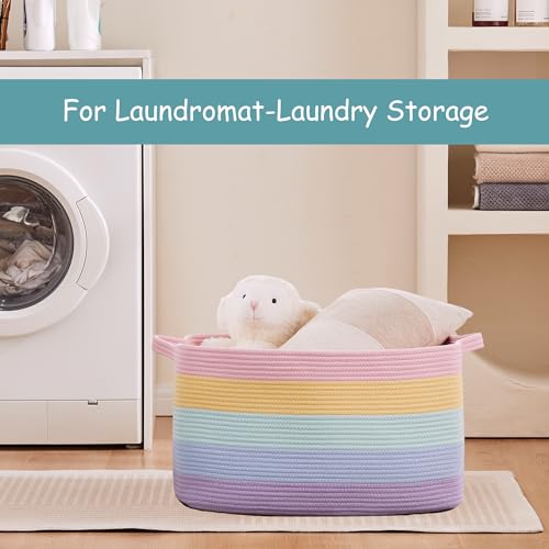 Rainbow Storage Basket for Toys Large Blanket Basket for Girls | Woven Cotton Rope Baby Laundry Hamper, Kids Nursery Toy Basket for Classroom, Soft Stuffed Animal Storage