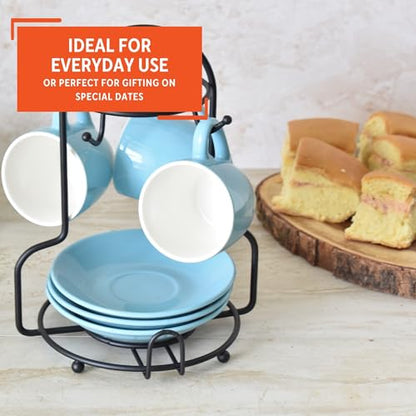 IMUSA USA 8pc 3oz Blue and White Espresso Cups & Saucers Set w/Storing Rack, 8pc, Teal - color: Blue and White, size: 3 Ounces, style: 8 Piece