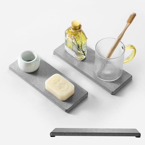 2PCS Bathroom Counter Vanity Trays, Water Absorbing Diatomite Stone Quick Drying Mat for Kitchen Sink Counter, Dish Rack Soap Dispenser Sponge Holder Caddy Organizer, Light Gray, 9"x 3.5" - color: 2 Pack - Light Gray, size: 9" x 3.5"