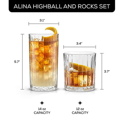 JoyJolt Drinking Glasses Set of 8, Alina Ribbed Glassware. 12oz Rocks Glass and 14oz Highball Glass set. Cocktail Glasses, Iced Coffee Cup or Water cups. Heavy Base Glassware Set - style: Fluted Glasses