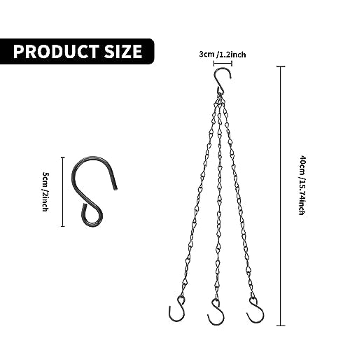 12 Pcs 15.7 inch Hanging Basket Chains 3 Point with Hooks, Black | Flower Pot Chains for Hanging Baskets, Plant Hanger Replacement Chain for Planters, Garden, Bird Feeders, Indoor & Outside