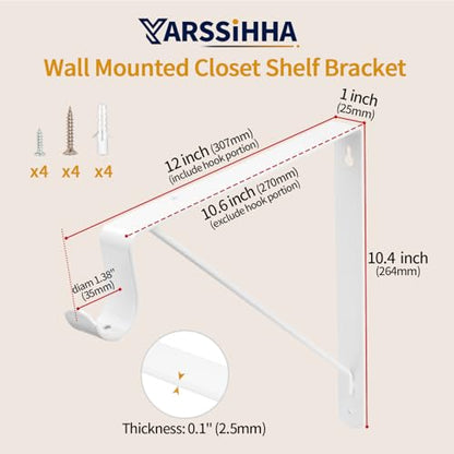 Yarssihha 2 Pack Closet Rod Bracket, 12 x 10.4 Inch Wall Mounted Closet Shelf Bracket, White Closet Rod Support Bracket with Screws - style: White-2 pack