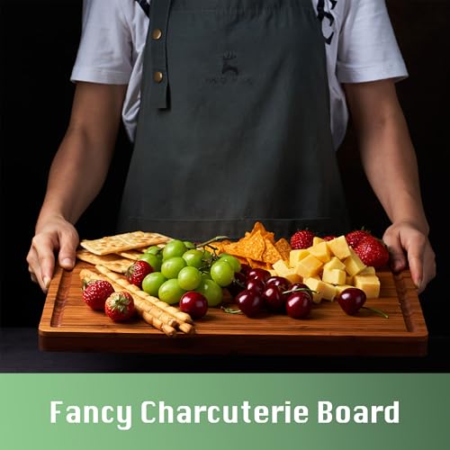 Allsum Large Wood Cutting Board for Kitchen, 1” Thick Bamboo Cheese Charcuterie Board, Butcher Chopping Block, with Juice Grooves and Handles - size: 17"L x 12.4"W