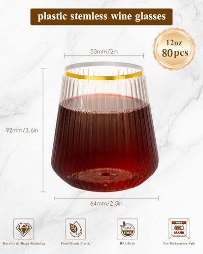 Goodluck 80 Pack 12oz Stemless Clear Ribbed Plastic Wine Glasses Gold Rim | Fancy Reusable Disposable Drinkware for Weddings, Parties, Bars, Indoor and Outdoor Events - color: Clear and Gold
