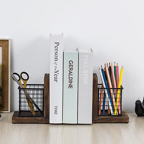 MyGift Book Ends for Desk, Decorative Farmhouse Bookends for Heavy Books with Pen Holders, Office Supplies Storage Baskets, Rustic Burnt Wood and Matte Black Metal Wire Basket, 1-Pair