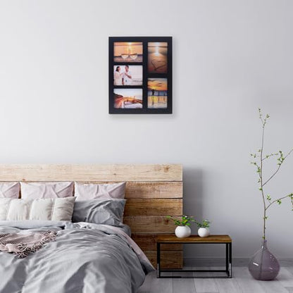 4x6 5-Opening Collage Picture Frame Black Wood | 5 openings, shatter-resistant glass, tabletop/wall mount, for 4x6 photos - size: 4x6 - 5 Opening