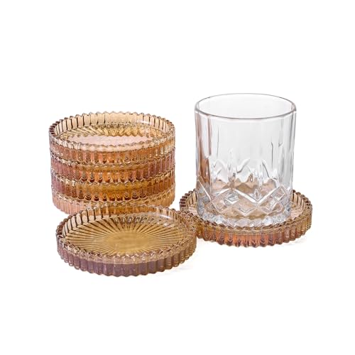 Glass Coasters Round Cup Mat, Clear Glass Coasters for Drinks Coffee Tea Wine, Decorative Wine Bottle Coaster, Crystal Drink Coaster for Restaurant bar Kitchen Dining Table (BD-Amber-6pcs) - color: Bd-amber-6pcs