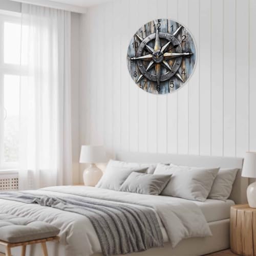 Yukro 10 Inch Retro Compass Wall Clock, Navigation Compass Wood Grain Battery Operated Silent Non Ticking Clocks, Easy to Read Round Wall Clock for Kitchen/Living Room/Bedroom/Office - color: Light Beige Gray Tan, size: 10 Inch