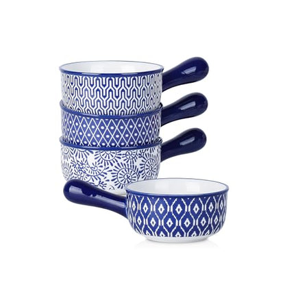 Selamica Ceramic Soup Crocks With Handles, 15 OZ French Onion Soup Bowls, Oven Safe Soup Bowls For Cereal, Stew, Chilli, Pot Pies, Baking, Microwave Dishwasher Safe, Set of 4, Vintage Blue