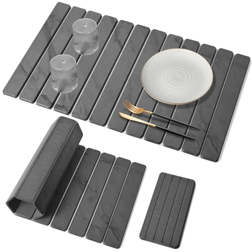 Large Stone Dish Drying Mat for Kitchen Counter, Quick Dry Dish Drying Mats, Foldable Absorbent Diatomaceous Earth Mats for Dishes Bottles Cup, Match Any Countertop (Gray Marble 28"×16" & 8"x4") - color: Gray Marble, size: 28" x 16"