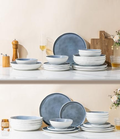 LERATIO Ceramic Dinnerware Sets for 6,18-Piece Plates and Bowls Set | Handmade Wavy Edge porecelian Dish Set,Oven & Microwave,Dishwasher Safe,Scratch Resistant-Blue - size: Service for 6