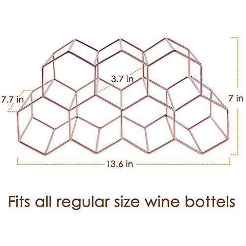 FOMANSH Countertop Wine Rack - 7 Bottle Holder for Storage, Freestanding Metal Tabletop Stand With Modern Design for Kitchen, Cellar, Bar Cabinet - color: Rose Gold