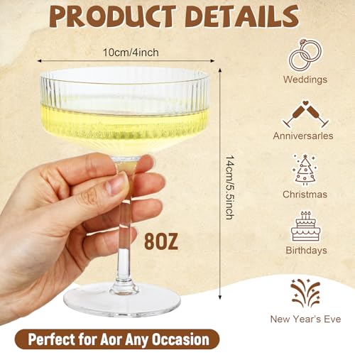Set of 6 Champagne Coupe Glasses 8 oz Clear Ribbed Martini | Classic Design for Weddings, Elegant Martini Cups with Vertical Lines, Bar Glassware for Champagne Toasts and Parties - style: Clear