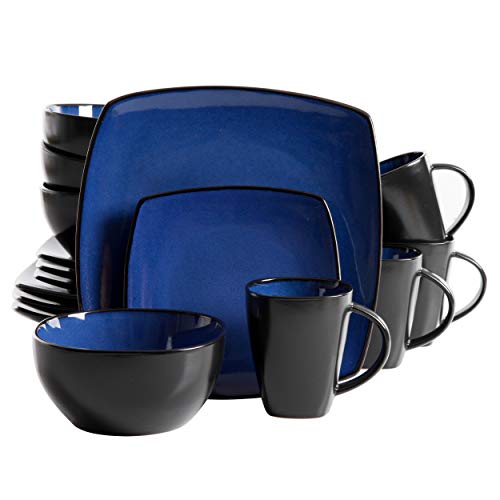 Gibson Elite Soho Lounge Square Reactive Glaze Stoneware Dinnerware Set, Service for 4 (16pc), Sapphire - color: Sapphire (Soho Lounge), size: Service for 4 (16pcs)