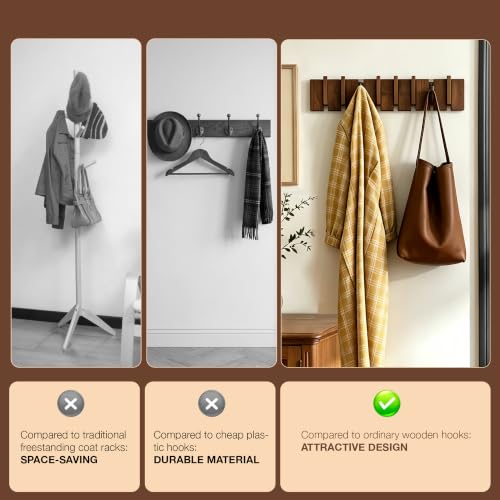 Wood Coat Rack Wall Mount, Coat Hooks Hanger Wall Mounted, Heavy Duty Wall Coat Rack with 8 Hooks for Hanging Coats/Keys/Hats/Robe&Towels/Plants/Bags, Walnut - size: 8 Hooks