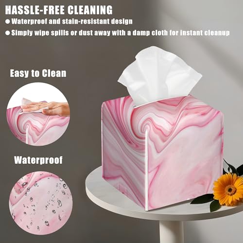 Pink Liquid Marble Tissue Box Cover Square, Tissue Box Holder with Bottom Belt Leather Facial Paper Organizer Dispenser for Bathroom Bedroom Dresser Night Stand Tabletop - color: Pink Liquid Marble