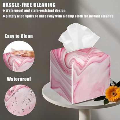 Pink Liquid Marble Tissue Box Cover Square, Tissue Box Holder with Bottom Belt Leather Facial Paper Organizer Dispenser for Bathroom Bedroom Dresser Night Stand Tabletop - color: Pink Liquid Marble