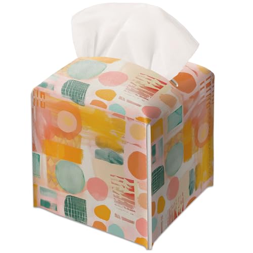 Modern Square Leather Tissue Box Cover/Case Holder Gifts for Women Family and Friends, Decorative Holder/Organizer for Bathroom Kitchen Nightstand Office Home (Pink Yellow Abstract) - B17 - color: Pink Yellow Abstract