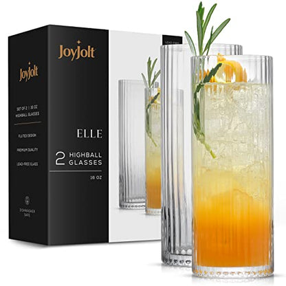 JoyJolt Elle 16oz Fluted Highball Glasses Set of 2, Ribbed Tall Cocktail Tumblers for Gin Juice Water, Vintage Style Drinking Glasses - style: Highball Glasses