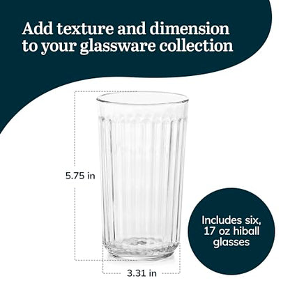 Libbey Paneled Highball Glasses Set of 6, 17 Oz Fine Ribbed Line Whiskey Glasses Set, Dishwasher Safe Highball Champagne Glasses for Juice, Iced Tea - color: Paneled Highball