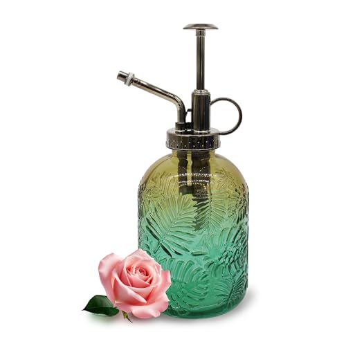 Glass Plant Mister Spray Bottle, 350ML Vintage Plant Spritzer, Succulent Watering Bottle Glass with Top Pump, Small Plants Sprayer Watering Can for Indoor (Brown Green) - color: Brown Green