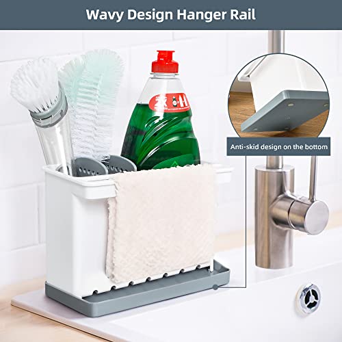 JOMOLA Kitchen Sink Organizer Dish Brush Sponge Holder Caddy Toothbrush Holders for Bathrooms Sinkware Kitchen Utensil Holder Sink Caddy Organizer with 4 Separate Dividers Removable Drain Tray (Grey) - color: Gray