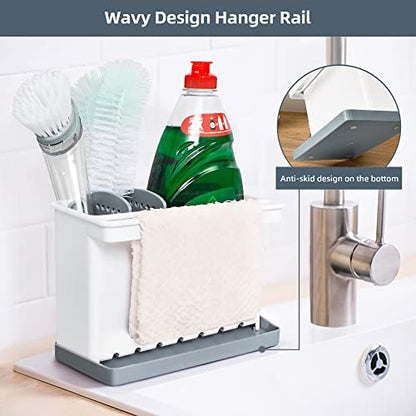 JOMOLA Kitchen Sink Organizer Dish Brush Sponge Holder Caddy Toothbrush Holders for Bathrooms Sinkware Kitchen Utensil Holder Sink Caddy Organizer with 4 Separate Dividers Removable Drain Tray (Grey) - color: Gray