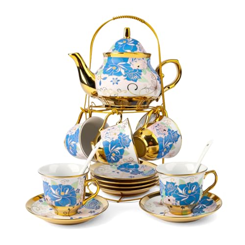 20Pcs Porcelain Tea Set with Metal Stand,European Vintage Tea Set for Adult | Ceramic Tea Cup and Saucer Set for 6 People,Tea Gift Set with Floral Teapot,Spoons for Wedding,Afternoon Tea Party(Pink Blue) - color: Pink Blue