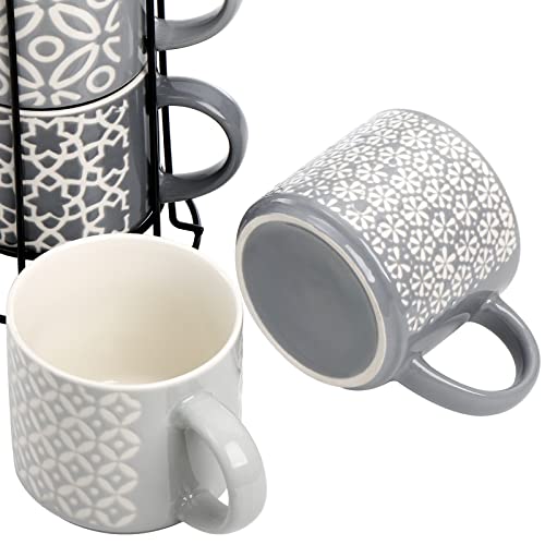 Hiceeden Set of 4 Coffee Mugs with Metal Stand, 15 oz Stackable Espresso Cups Ceramic Coffee Mugs for Cocoa, Latte, Americano, Cappuccinos or Beverages