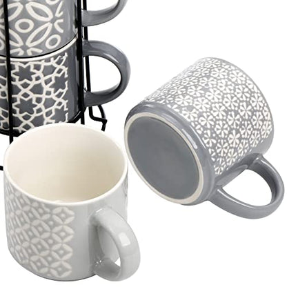 Hiceeden Set of 4 Coffee Mugs with Metal Stand, 15 oz Stackable Espresso Cups Ceramic Coffee Mugs for Cocoa, Latte, Americano, Cappuccinos or Beverages