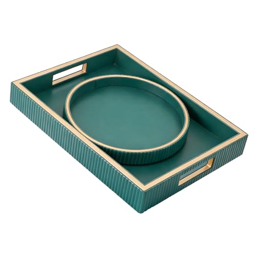 Leather Tray Desktop Storage Organizer, Decorative Tray Set, Green | Premium Serving Trays Valet Tray for Sundries Cosmetics Phone Wallet Cutlery, Set of 2, Green Holder with Disc - color: Green Holder With Disc