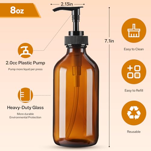 Vitreaux Amber Glass Soap Dispenser 8oz, 3 Pack with Leak-Proof Pump, Refillable Small Glass Bottles for Hand Soap, Lotion, Shampoo & Dish Soap, Includes Protective Black Caps & Easy-Pour Funnel